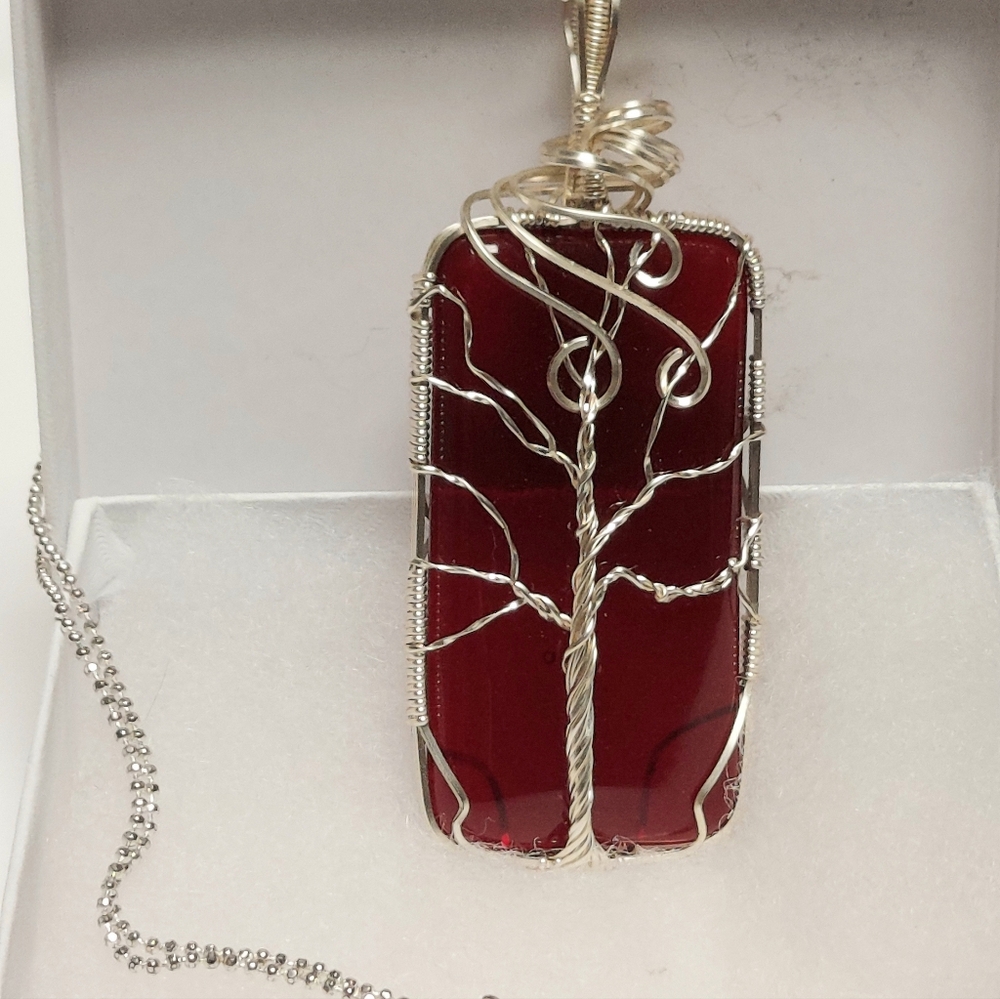 Artisan Made Red Glass Wire Wrapped Tree Rectangular Pendant 18” Necklace Chain